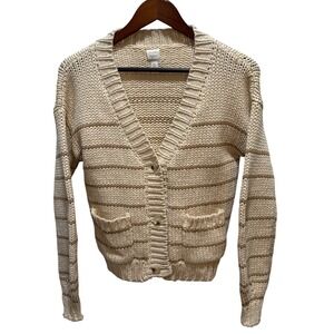 Roan + Ryan EverevCream Tan Striped‎ Knit Button Cardigan Sweater Women's Small
